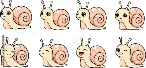 vector illustration of snail escargot cute simple funny cartoon mascot character cartoon with 8 poses