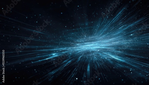 Abstract light streaks radiate from a central glowing area, resembling a cosmic event or hyperspace travel against a dark, starry backdrop