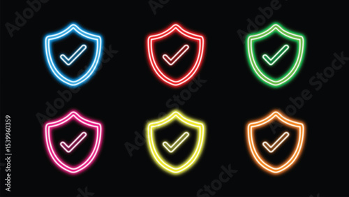Glowing Neon Glitch security shield with check mark icon. neon check mark icon on black background.	Vector Illustration