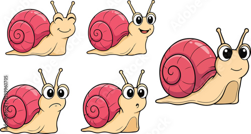 vector illustration of snail escargot cute simple funny cartoon mascot character cartoon with 5 poses
