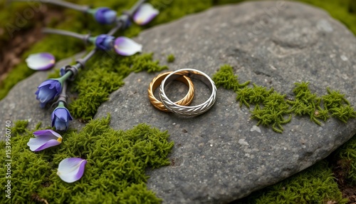 Golden and silver wedding rings placed on a moss-covered stone with nearby blossoms. This scene evokes feelings of love, partnership, and natural beauty in a serene romantic setting.

