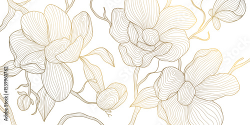Vector golden line flowers, floral luxury art pattern. Abstract nature ornament garden leaf wallpaper, spring, wedding botanical graphic. Tropical Chinese, Japanese background