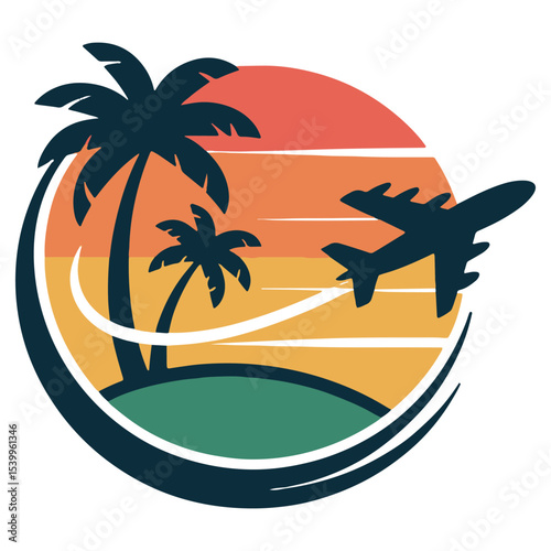Tropical Travel Logo Vector – Airplane Flying Over Palm Trees and Sunset for Vacation & Tourism Branding

