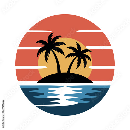 Tropical Sunset Island Vector – Palm Trees with Ocean View in Retro Circle Design for Travel and Vacation Themes