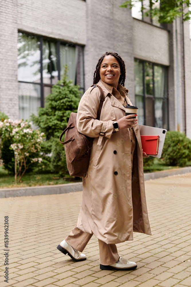Fototapeta premium University teacher enjoying a morning walk while carrying books and coffee on campus
