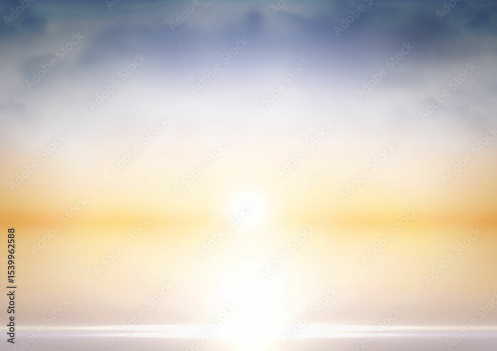 Obraz premium Vector art is showing bright sun rising at horizon over calm water reflecting sky copy space