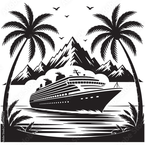 Cruise Ship Vector – Tropical Ocean Travel Scene with Palm Trees, Mountains, and Birds in Silhouette Style


