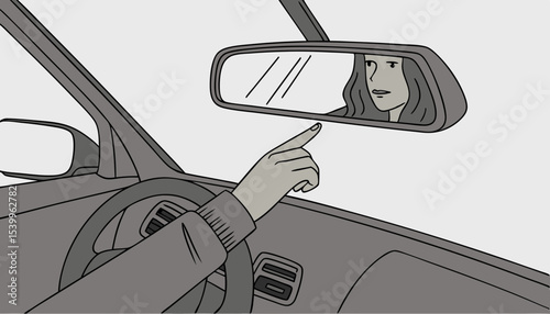 A hand reaches toward a rear view mirror inside car positioning it for optimum reflection, It captures the intention to ensure safety and awareness on the road ahead                          