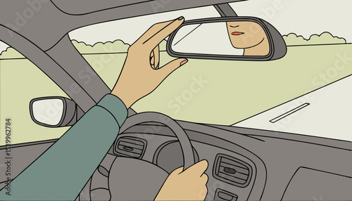 A hand reaches toward a rear view mirror inside car positioning it for optimum reflection, It captures the intention to ensure safety and awareness on the road ahead                          