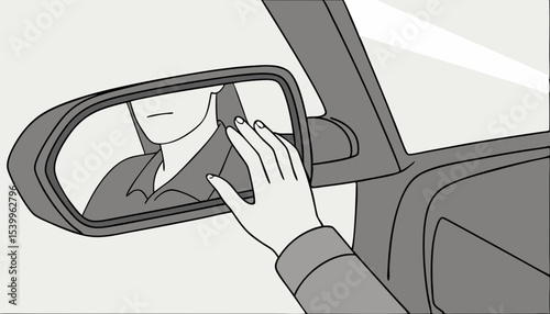 A hand reaches toward a rear view mirror inside car positioning it for optimum reflection, It captures the intention to ensure safety and awareness on the road ahead                          