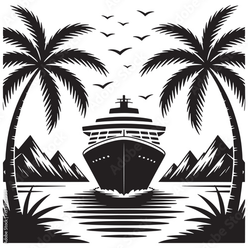 Cruise Ship Vector – Tropical Ocean Travel Scene with Palm Trees, Mountains, and Birds in Silhouette Style


