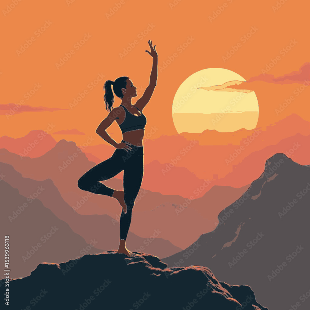 chica con una sana postura de yoga en una montaña al atardecer