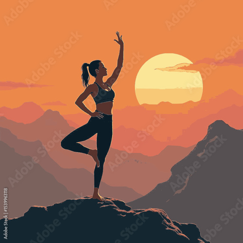 chica con una sana postura de yoga en una montaña al atardecer