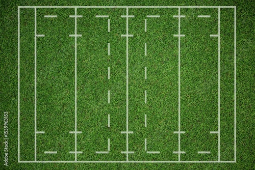 Depicting top-down view of striped grass pitch with boundary lines, dashed and H-shaped markings