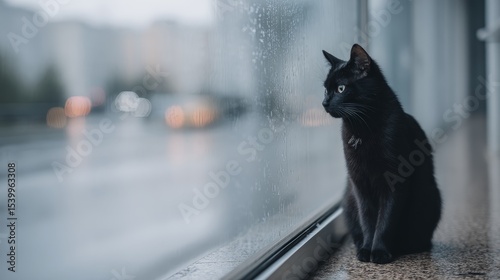 Sideview of contemplative black cat sitting by rainstreaked fogged windowpane with soft indoor lighting creating a reflective mood
