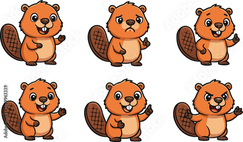 vector illustration of beaver otter cute simple funny cartoon mascot character cartoon with 6 poses 