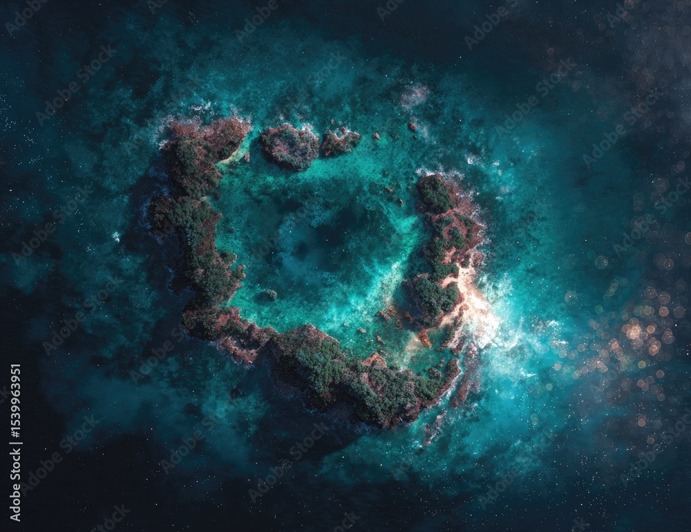 Obraz premium A vibrant, turquoise atoll, ringed by lush green islets, floats in a cosmic sea of deep blues and sparkling lights
