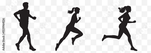 Run, set of running people, isolated vector silhouettes. Group of men and women runners eps 10