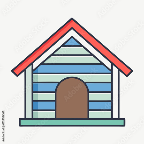 Illustration of a charming, cartoonish dog house with a red roof