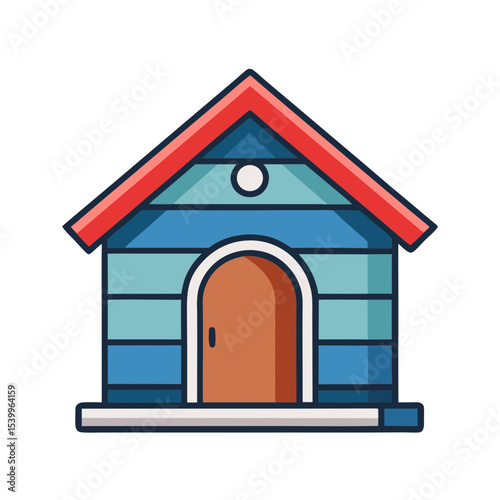 Cute dog house illustration with a blue color scheme and red roof