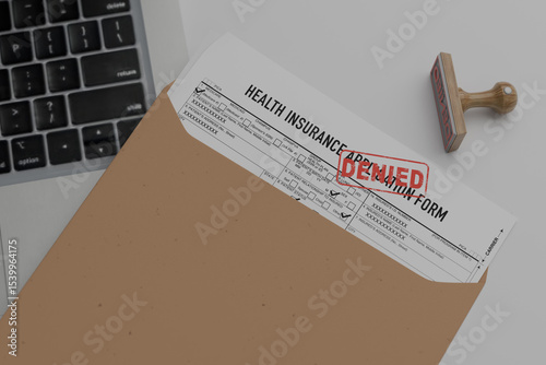 Denied health insurance application form on the table. Document with denied stamp put on the  table, healthcare financial.