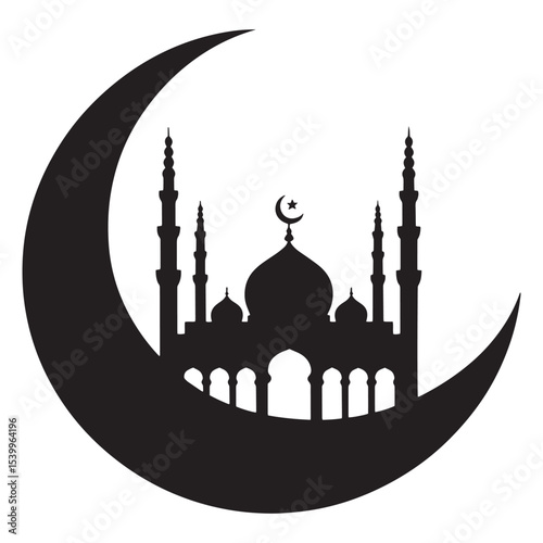Islamic Mosque in Crescent Moon Vector – Silhouette Design for Ramadan, Eid, and Muslim Religious Themes

