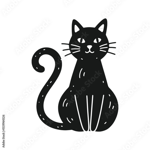 Curly-tailed black cat with playful look sitting down – Vector Illustration