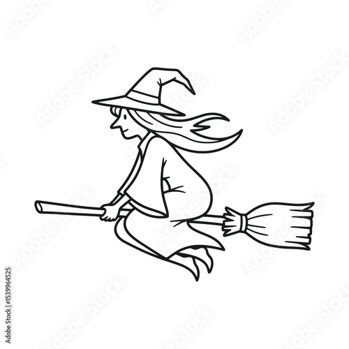 Flying witch riding broomstick in Halloween night flight – Vector Illustration