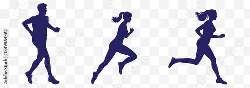 Run, set of running people, isolated vector silhouettes. Group of men and women runners eps 10