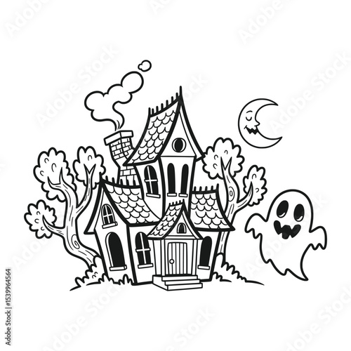 Haunted house with ghost and moon in creepy night setting – Vector Illustration