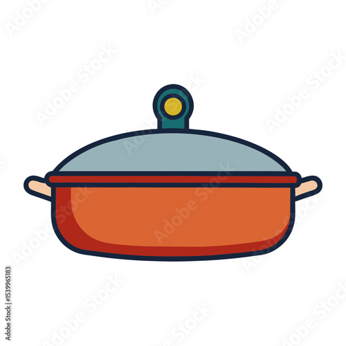 Illustration of a covered orange cooking pot, with dark blue outlines