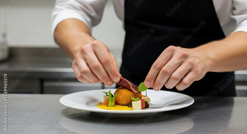 Chef meticulously plates artistic food dish Chef meticulously plates artistic food dish