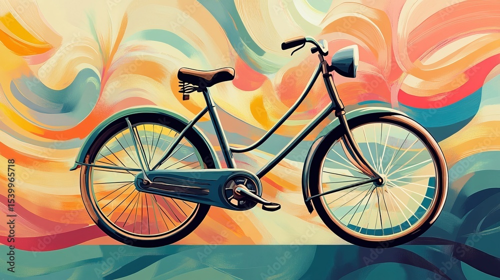 Fototapeta premium A vintage bicycle in exaggerated colors, with motion lines and a backdrop of vibrant, abstract patterns.