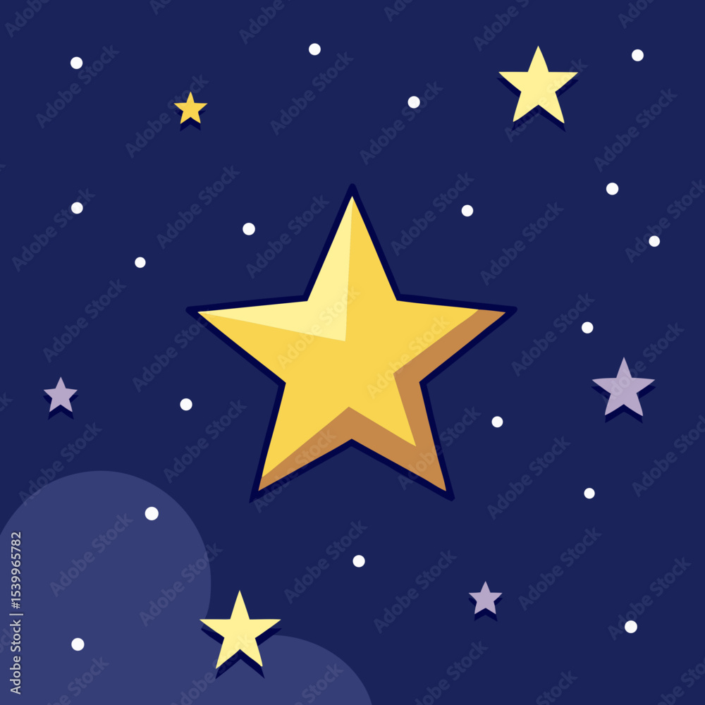 Obraz premium Stylized Cartoon Starry Night with Big Golden Star and Little Stars