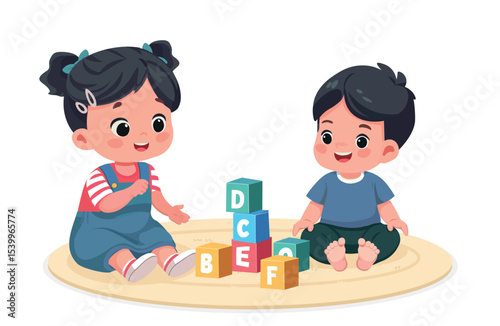 Asian Sister Playing Bricks with Little Brother – Cartoon Vector Illustration