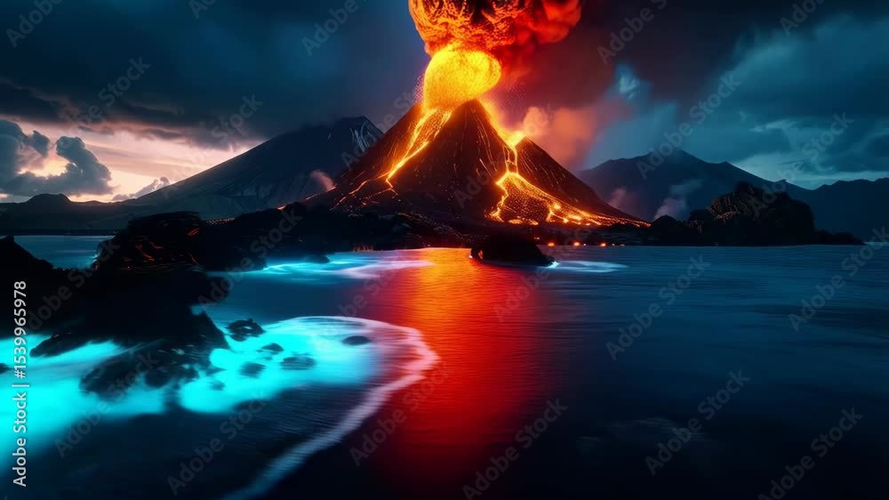 Dramatic eruption of lava flowing from a glowing volcano into blue ocean waters under a dark, cloudy sky near coastal rocks at night.