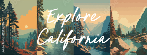 California vintage style travel poster set. Collection of scenic art deco retro tourism illustrations