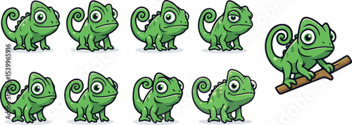 vector illustration of chameleon  vacillator lizzard reptile cute simple funny cartoon mascot character cartoon with 9 poses 