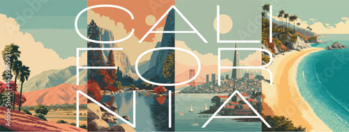 California vintage style travel poster set. Collection of scenic art deco retro tourism illustrations