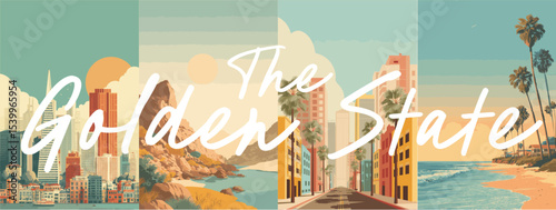 California vintage style travel poster set. Collection of scenic art deco retro tourism illustrations