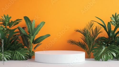 White pedestal surrounded by lush tropical plants against an orange wall