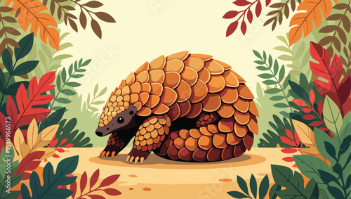 Cute little armadillo in the jungle. Vector illustration.