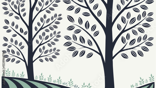 vector illustration of a tree with leaves and plowed field in the background