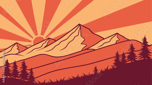 Sunset in the mountains with coniferous forest. Vector illustration