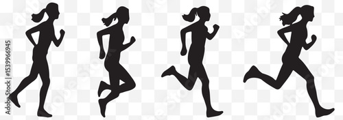 Collection of black silhouettes depicting women running in various athletic poses. eps 10
