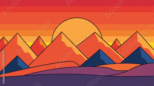 Sunset in the mountains, vector illustration, 