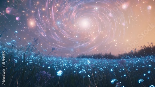 Suspended meadows glowing with bioluminescent plants under a pastel sky filled with spiraling galaxies and soft star clusters 
