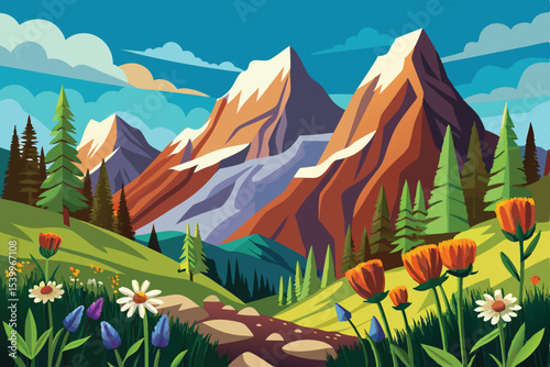 Mountains landscape with meadow, forest and flowers. Vector illustration