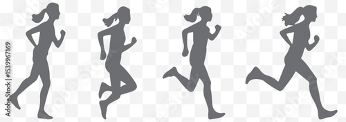 Collection of black silhouettes depicting women running in various athletic poses. eps 10