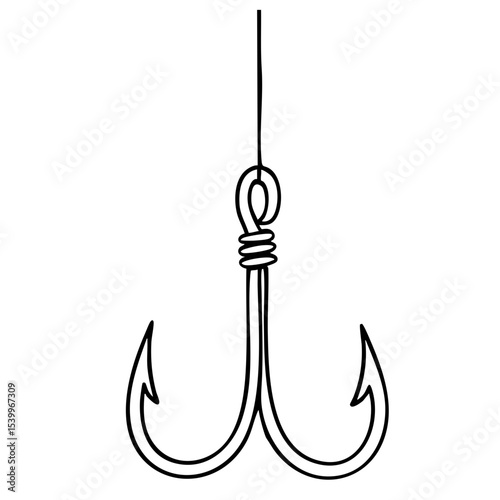 Vector line art of a fishing double hook on line, sharp angling tool illustration